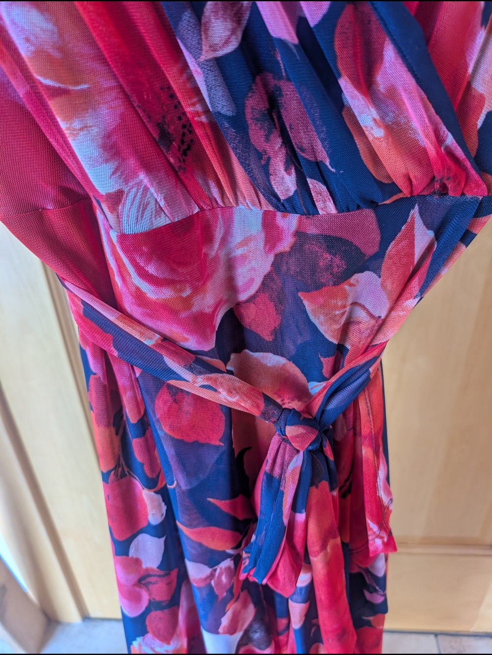connected apparel Navy and Red Floral Midi Wrap Dress with Flutter Sleeves - Picture 4 of 9
